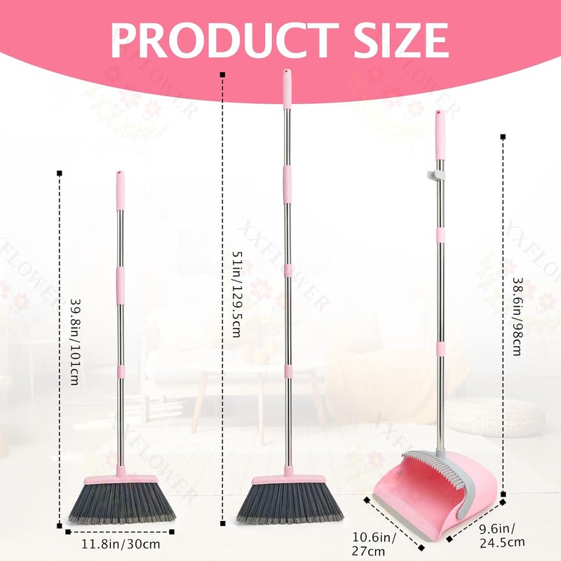 XXFLOWER Broom and Dustpan Set, Dustpans with Broom Combo for Home, Heavy Dust Broom and Dustpan Combo, Long Handle Dust Pan and Broom Set for Kitchen, Office, Pet Hair(Gray Pink) - Image 2